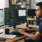 Imagem ilustrativa mostrando uma tela de computador com código Python aberto e gráficos de desempenho digital ao lado, simbol