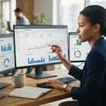 Profissional analisando gráficos de desempenho de campanhas de Google Ads em múltiplas telas de computador, evidenciando otim