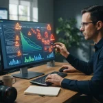Imagem ilustrativa de um site com símbolos de alerta e gráficos de desempenho, representando erros invisíveis em SEO e suas c