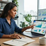 Imagem de um profissional analisando gráficos de SEO em um laptop, com elementos visuais que representam crescimento e otimiz