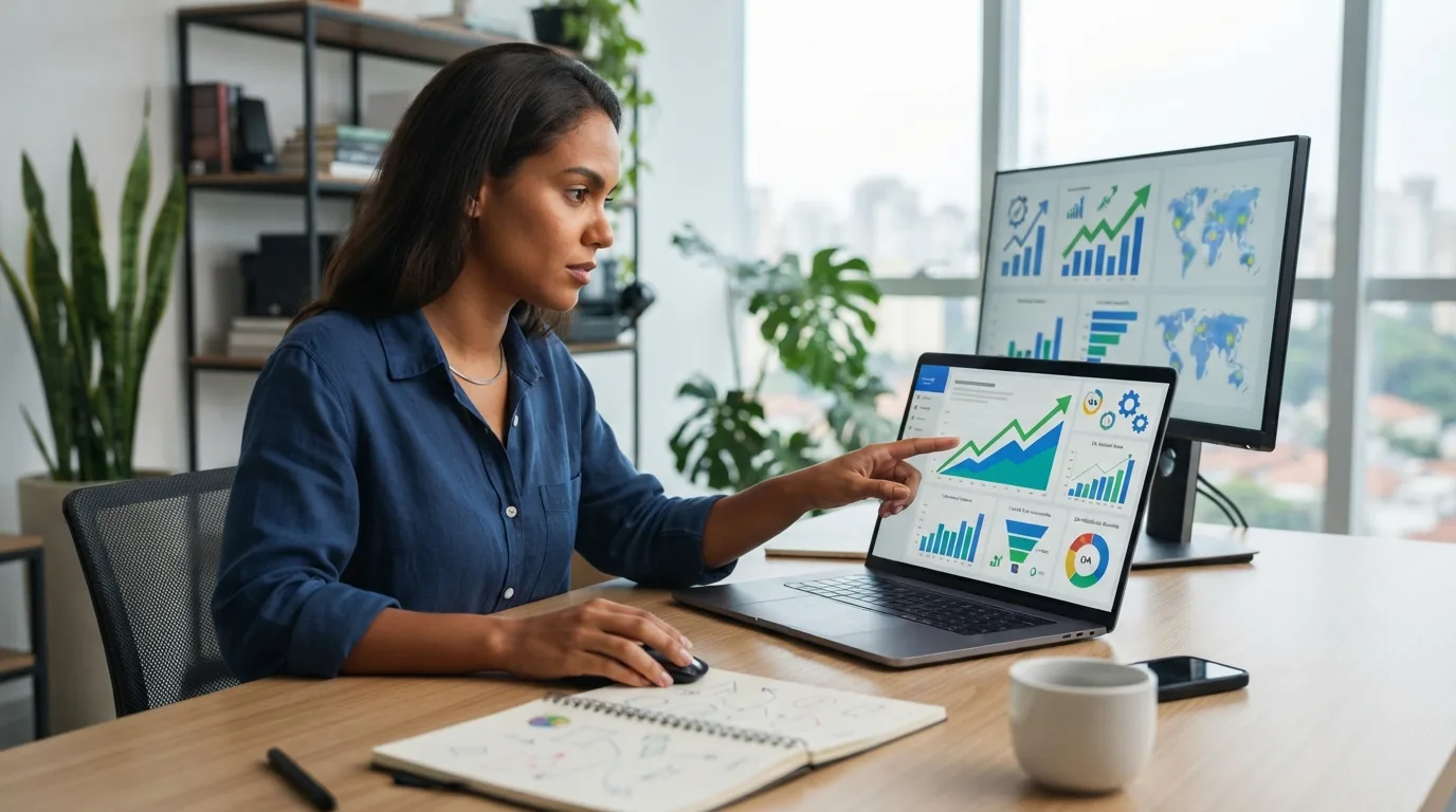 Imagem de um profissional analisando gráficos de SEO em um laptop, com elementos visuais que representam crescimento e otimiz