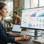 Interface digital exibindo gráficos de desempenho de anúncios Meta Ads com elementos de automação e inteligência artificial