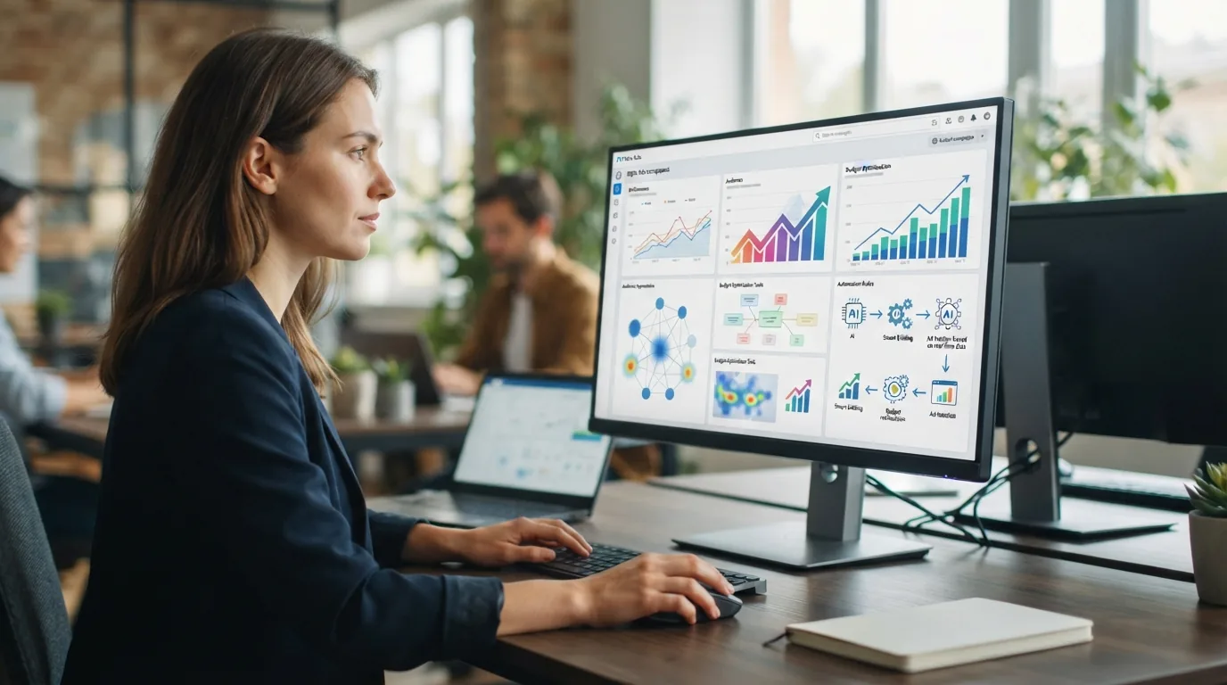 Interface digital exibindo gráficos de desempenho de anúncios Meta Ads com elementos de automação e inteligência artificial