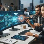 Gráfico digital mostrando integração entre ferramentas de análise SEO e inteligência artificial, simbolizando dados e automaç