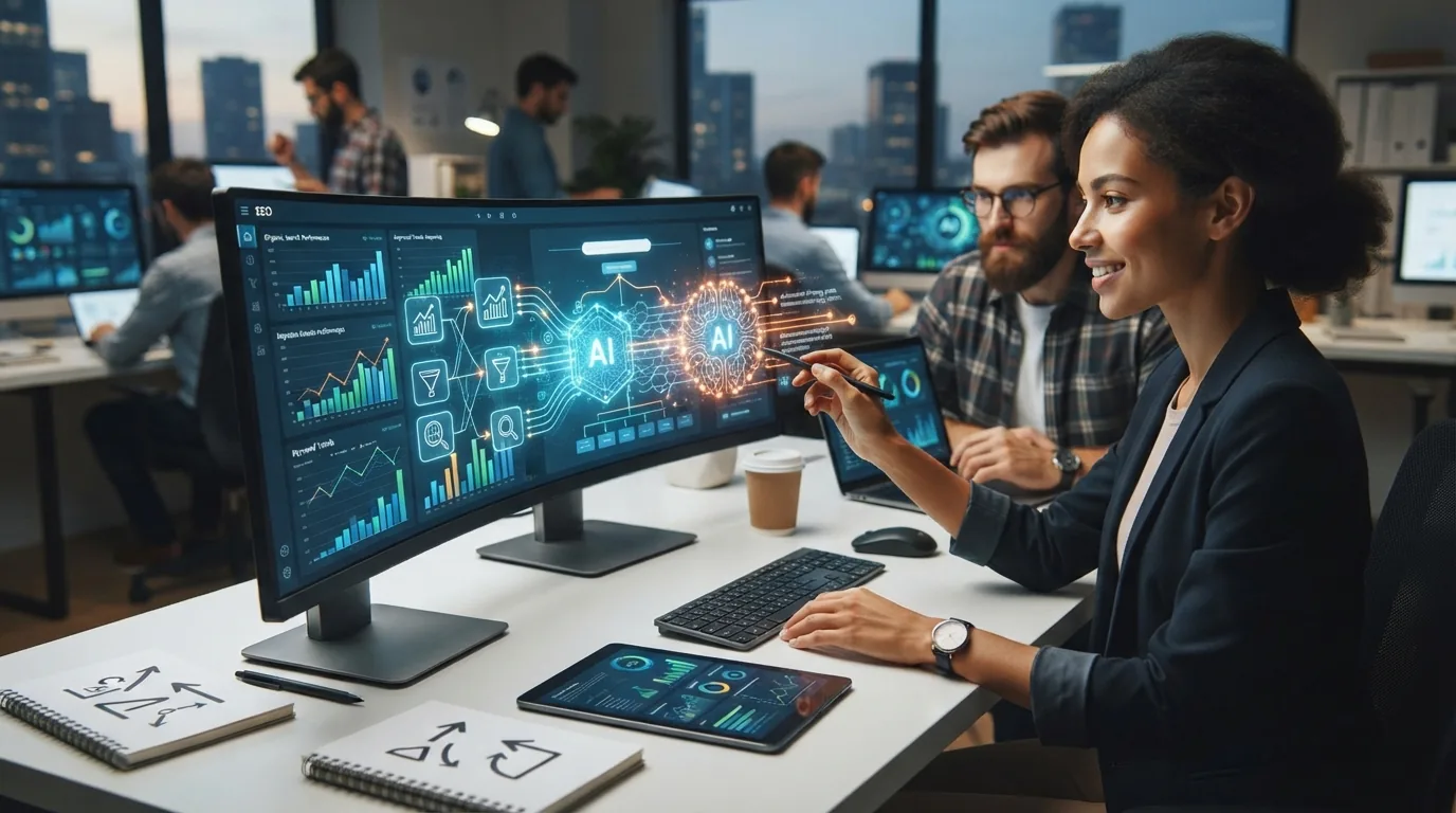 Gráfico digital mostrando integração entre ferramentas de análise SEO e inteligência artificial, simbolizando dados e automaç