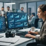 Representação gráfica de um e-commerce com elementos de SEO e inteligência artificial, mostrando gráficos de crescimento e pr