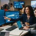 Ilustração de profissionais trabalhando com códigos em Python em ambiente digital conectado a gráficos de marketing online