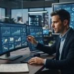 Imagem ilustrativa de um profissional analisando gráficos e dados digitais com elementos visuais de SEO, tecnologia e intelig