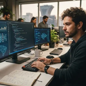 Imagem ilustrativa de um desenvolvedor programando em Python com gráficos de SEO e ícones de inteligência artificial, represe
