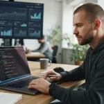 Imagem ilustrativa de um programador analisando código Python em um notebook, com gráficos de desempenho digital ao fundo
