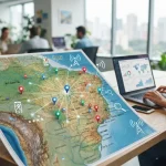 Mapa do Brasil com ícones digitais representando conexão e localização, ilustrando a otimização de SEO local para empresas br