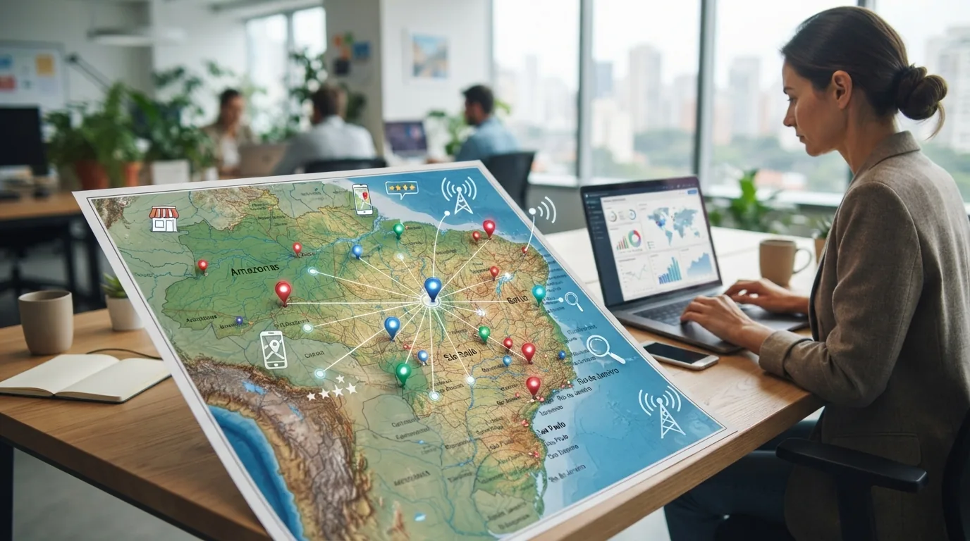Mapa do Brasil com ícones digitais representando conexão e localização, ilustrando a otimização de SEO local para empresas br