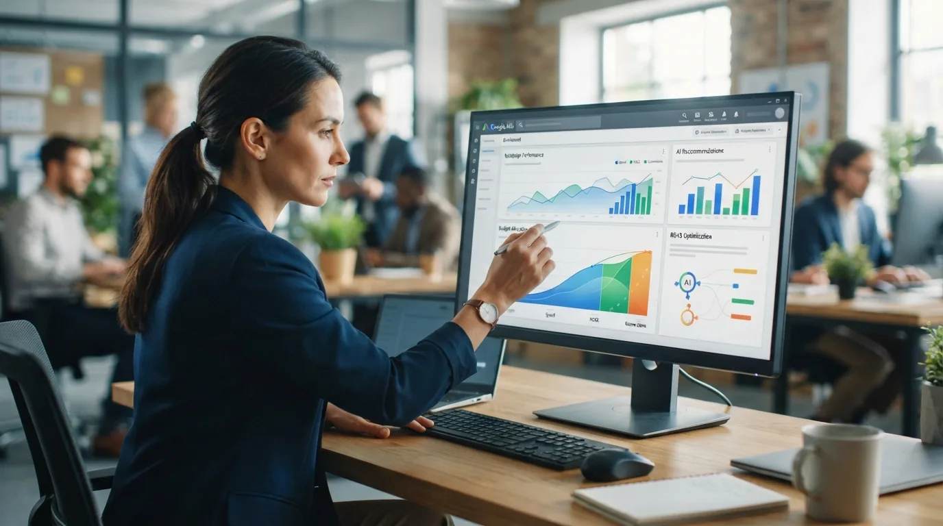 Dashboard do Google Ads exibindo gráficos de desempenho e automação com inteligência artificial para otimização de orçamento