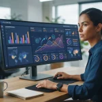 Representação gráfica de um painel digital com gráficos de desempenho de campanhas Meta Ads e elementos visuais que remetem à