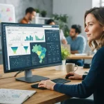 Imagem ilustrativa de uma tela de computador exibindo o painel de anúncios do Meta Ads com gráficos de desempenho, mapas do B