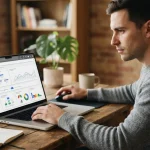 Tela de computador exibindo o painel do Google Ads com gráficos de desempenho e configuração de campanha mostrando etapas do