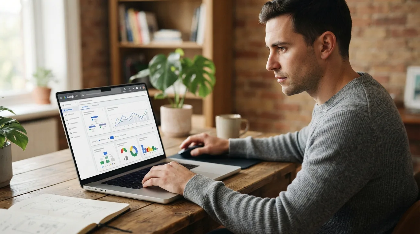 Tela de computador exibindo o painel do Google Ads com gráficos de desempenho e configuração de campanha mostrando etapas do