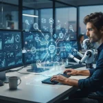 Representação gráfica de automação e inteligência artificial conectadas ao SEO, com gráficos, robôs e ícones digitais interli