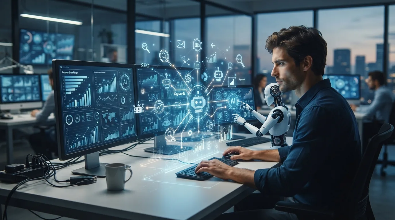 Representação gráfica de automação e inteligência artificial conectadas ao SEO, com gráficos, robôs e ícones digitais interli