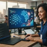 Conceito visual representando Python integrado a inteligência artificial com elementos que remetem ao Brasil e marketing digi
